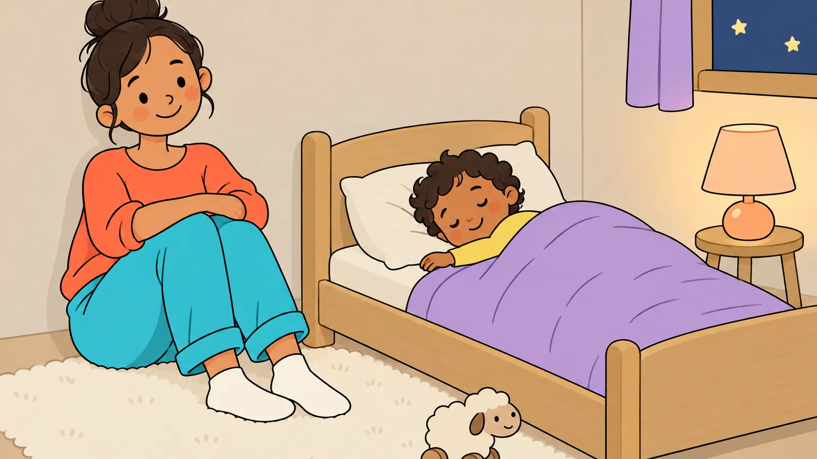In einem ruhigen, gedämpften Kinderzimmer sitzt eine Bezugsperson entspannt auf dem Boden neben einem niedrigen Bett und wacht leise, während ein kleines Kind friedlich unter einer Decke schläft.
