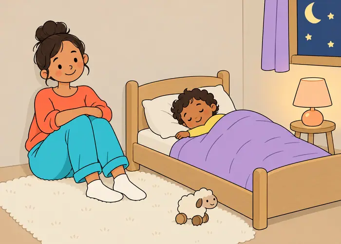In einem ruhigen, gedämpften Kinderzimmer sitzt eine Bezugsperson entspannt auf dem Boden neben einem niedrigen Bett und wacht leise, während ein kleines Kind friedlich unter einer Decke schläft.