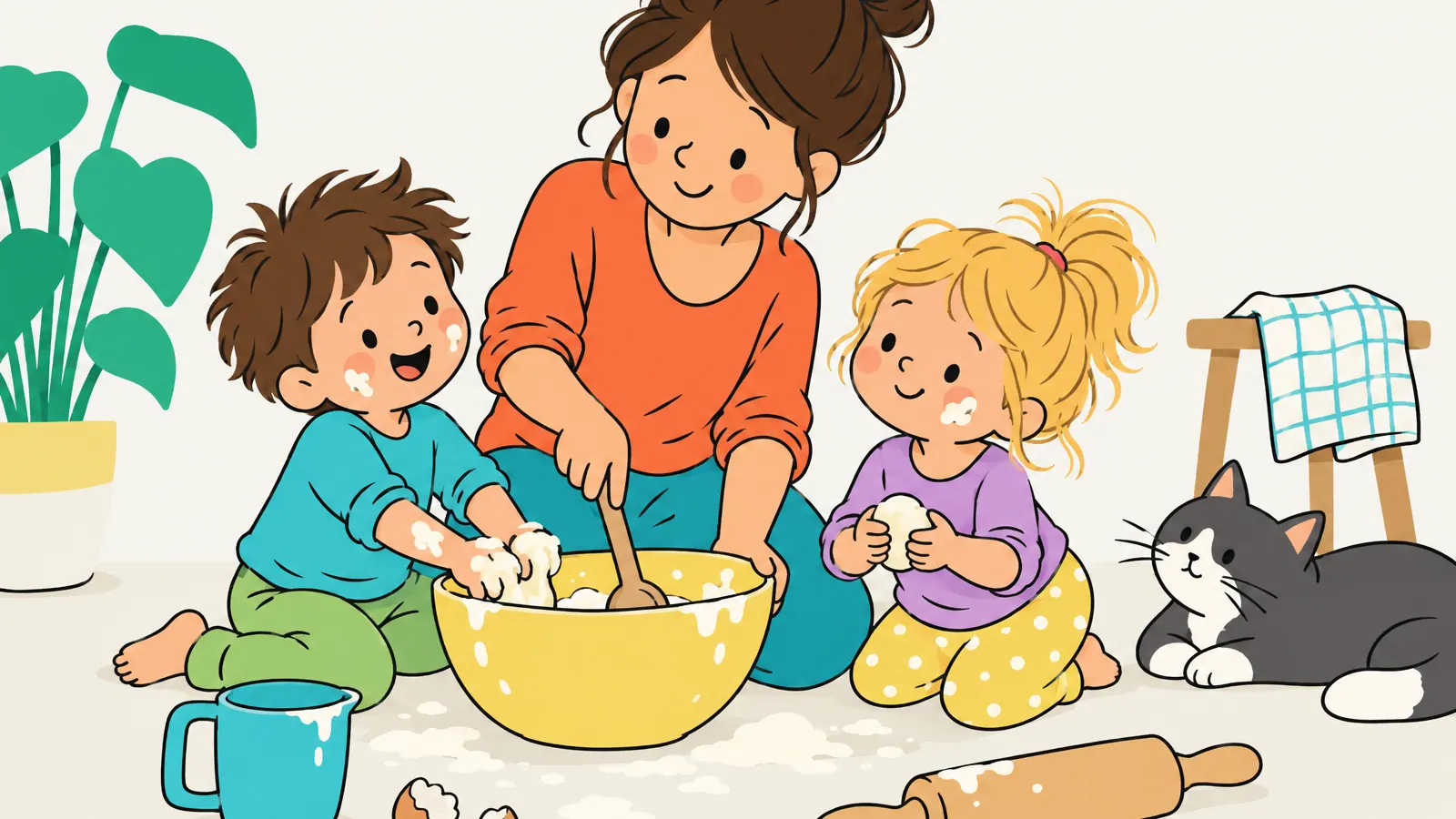 Eine Bezugsperson und zwei Kinder kneten auf dem Boden Teig in einer großen gelben Schüssel, daneben liegen ein Nudelholz, ein Becher und verstreutes Mehl.