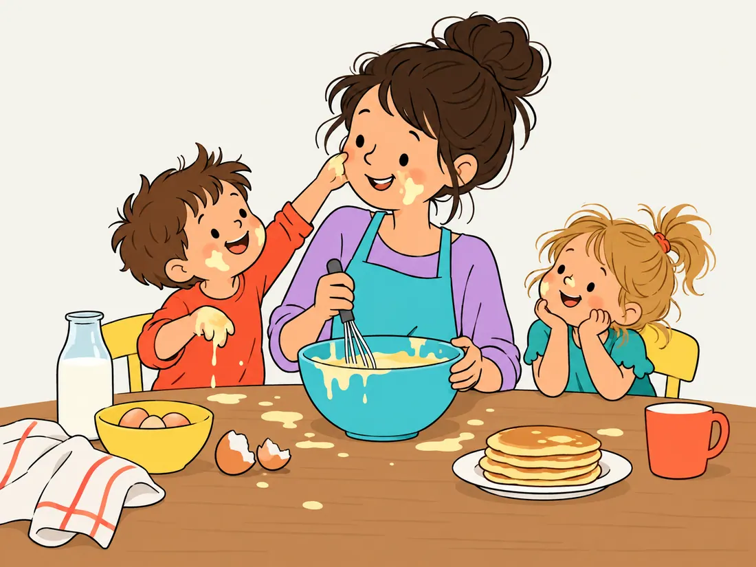 Eine Bezugsperson backt mit zwei Kindern Pfannkuchen, einem Kind klebt Teig an der Wange, auf dem Tisch stehen ein Stapel Pfannkuchen, Eier und eine Milchflasche.
