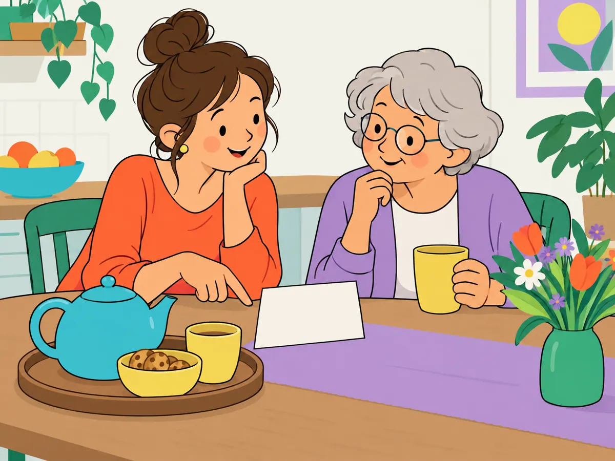 Eine erwachsene Tochter und ihre ältere Mutter sitzen gemeinsam in der Küche bei einem Teetablett und einer leeren Karte.