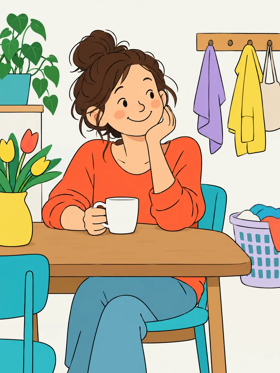 Eine Mutter sitzt am Küchentisch, hält eine schlichte Tasse und schaut amüsiert zur Seite, im Hintergrund liegen Familienstücke.